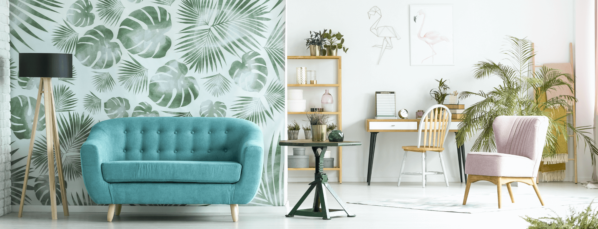 White and green room with an interesting green wallpaper and a statement sofa 