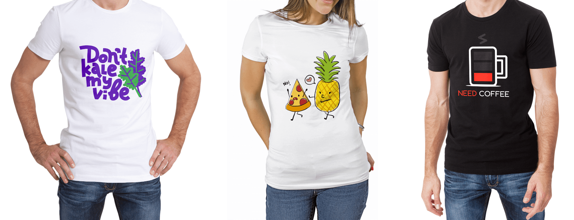 Different t-shirt designs with funny illustrations and images